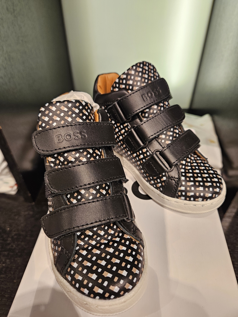 BOSS Black and White Patterned Kids Velcro Sneakers